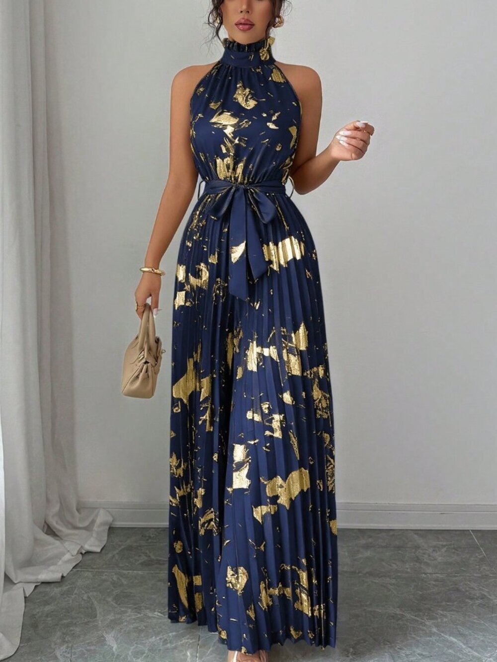 Navy Blue Boho Women's Sleeveless Ruffle Collar Wide Leg Jumpsuit